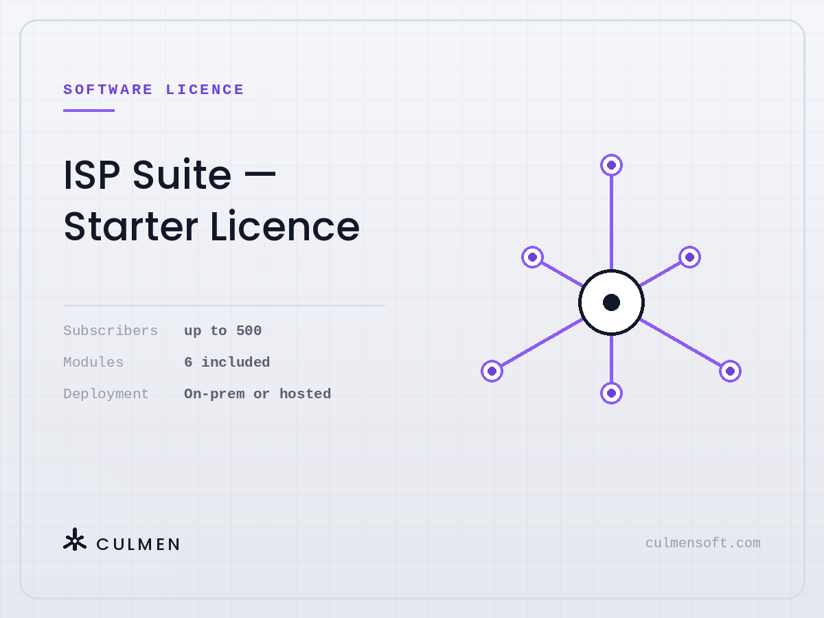 Culmen ISP Suite Starter Licence — up to 500 subscribers, 6 modules, on-premise or hosted