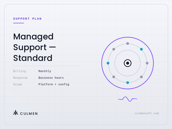 Managed Support Standard — billed monthly, business hours response, platform and config scope