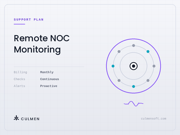 Remote NOC Monitoring — billed monthly, continuous checks, proactive alerts