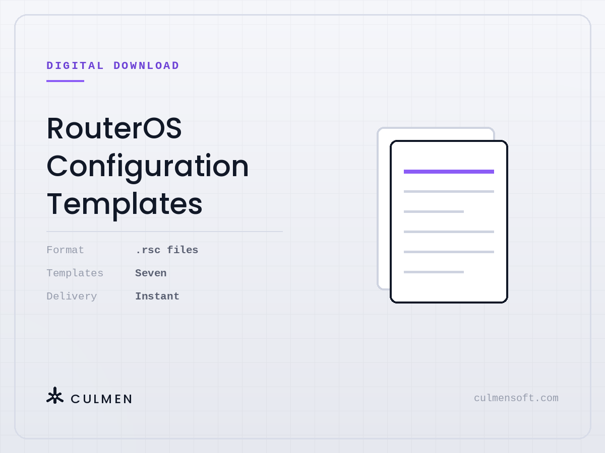RouterOS Configuration Templates — seven .rsc files, instant delivery